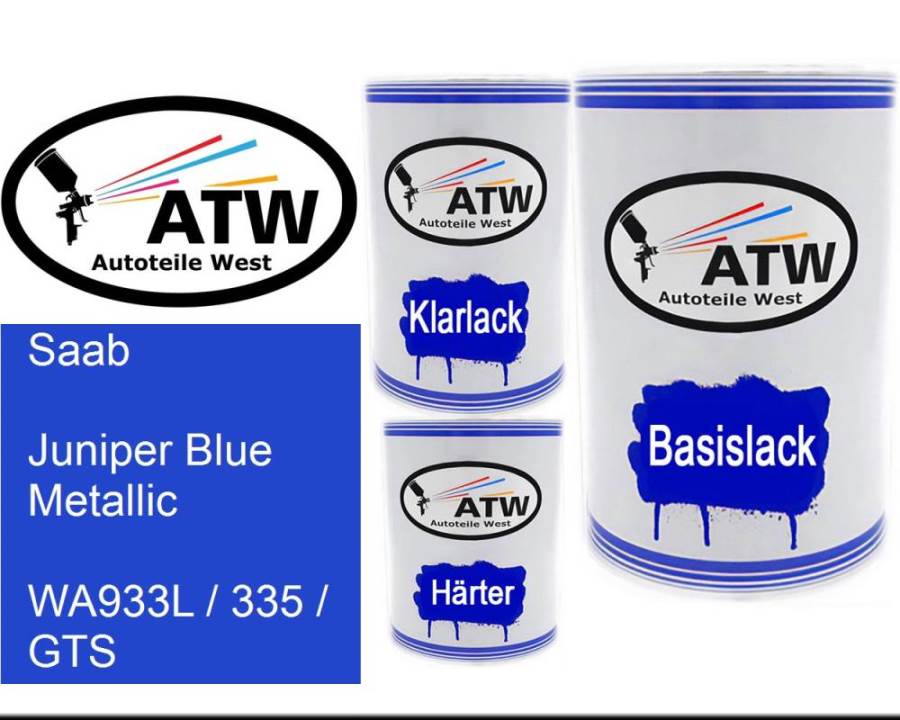Saab, Juniper Blue Metallic, WA933L / 335 / GTS: 500ml Lackdose + 500ml Klarlack + 250ml Härter - Set, von ATW Autoteile West.